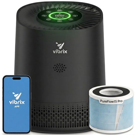 Vibrix PureFlow15 Pro Luchtreiniger / Air Purifier – EPA H14 + koolstoffilter – 100 m³/u – Voor kamers tot 15 m² – Ionisator – App-bediening – Zeer stil met slaapstand – Luchtkwaliteitindicator