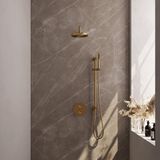 Brauer Gold Edition Thermostatische Regendoucheset Inbouw - Hoofddouche 20 cm - Gebogen Wandarm - 3 Weg - Handdouche Rond - Doucheslang - Geintegreerde Glijstang - Geborsteld Goud