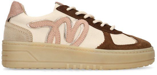 Manfield - Dames - Beige leren sneakers met suède details - Maat 42