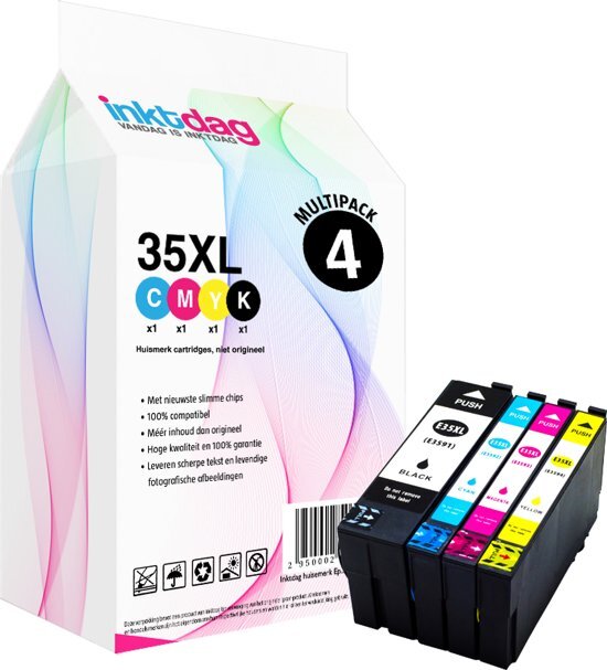 inktdag huismerk Epson 35 XL inktcartridge multipack 4 pack 1* 35XL zwart 1* 35XL cyaan 1* 35XL magenta 1* 35XL geel