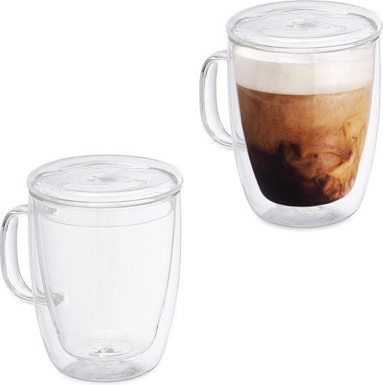 Dubbelwandige drinkglazen - set van 2 - 500ml - met handvat & deksel - borosilicaatglas