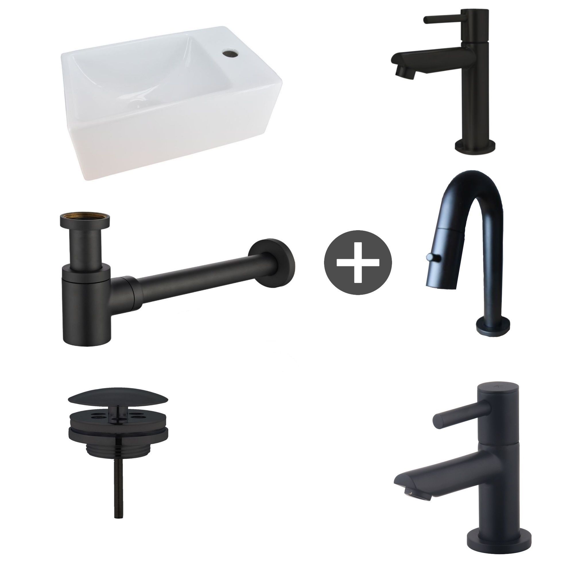 Wiesbaden Fonteinpack rhea xxs rechts keramiek 30.5x18x11 cm mat zwart (keuze uit 4 kranen)