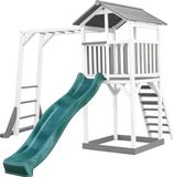 AXI Beach Tower Speeltoestel in Grijs/Wit - Speeltoren met Klimrek, Groene Glijbaan en Zandbak - FSC hout - Speelhuis op palen voor de tuin