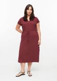 s.Oliver Robe mi-longue en jersey avec cordon de serrage, col en V, manches longues, poches latérales, coton, bordeaux, taille 48