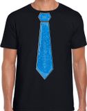 Bellatio Decorations Verkleed shirt heren - stropdas glitter blauw - zwart - carnaval - foute party XXL