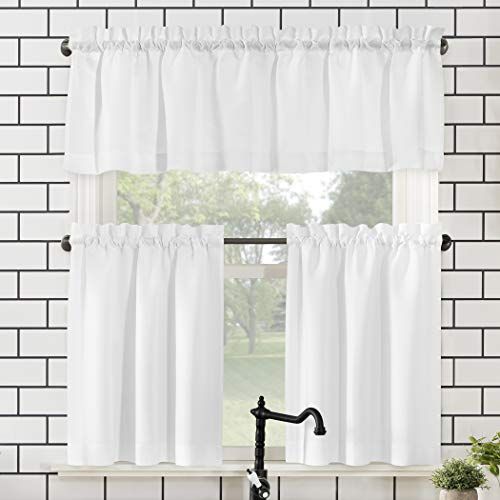 No. 918 Martine Microfiber Semi-Sheer Rod Pocket Keukengordijn Valance en Tiers Set, 54" x 45" 3-delig, wit