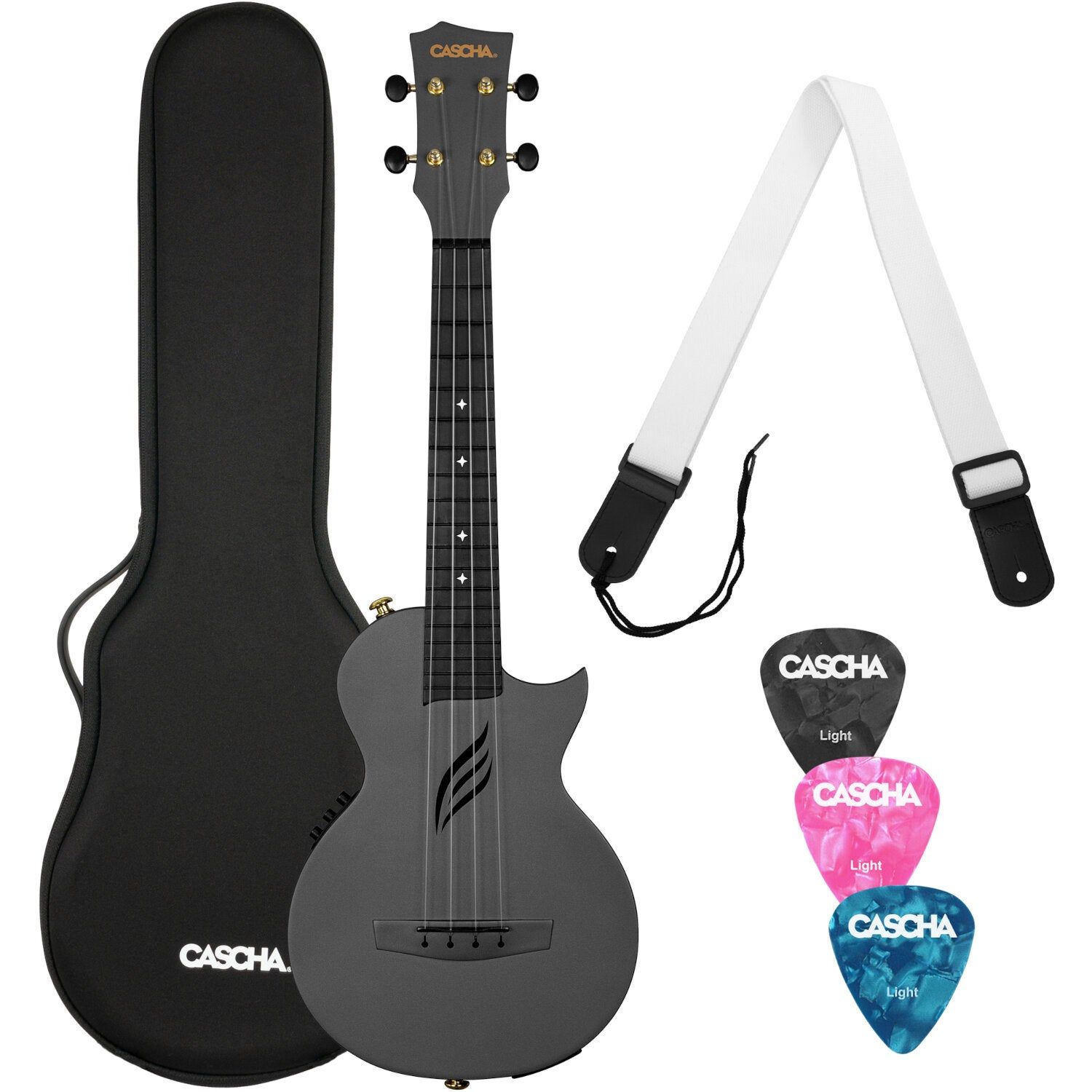 Cascha HH 2258E Black Elektrisch-Akoestische Carbon Fiber Concert Ukelele Set