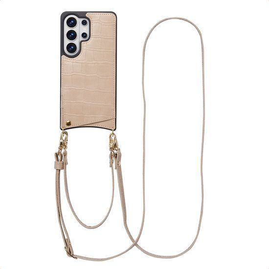 Selencia Croco Backcover met koord en pashouder - Beige - Samsung Galaxy S26 Ultra