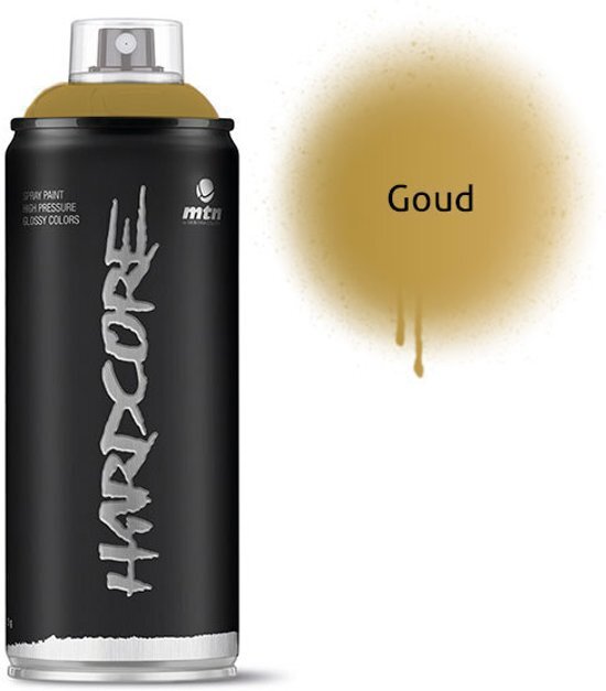 Montana-Colors 1x Hardcore2 spuitbus - 400ml Gouden spuitverf - Hoge druk en glossy afwerking - Spuitverf voor binnen en buiten gebruik voor vele doeleinden zoals klussen graffiti hobby en kunst