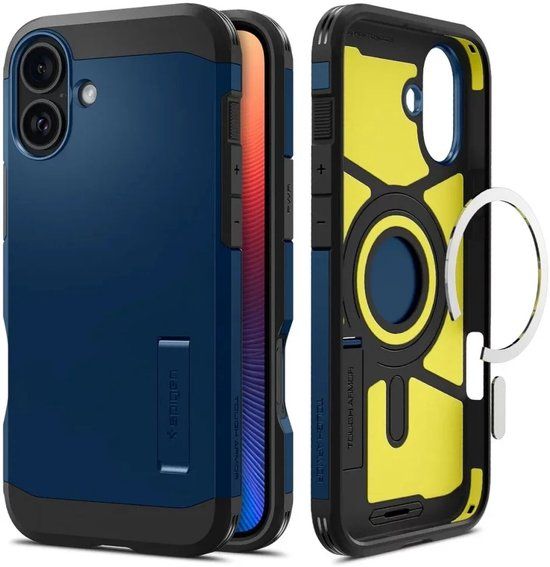 Spigen Tough Armor Hoesje Geschikt voor Apple iPhone 16 | Compatibel met MagSafe | Back Cover Militaire Standaard | Kickstand | Blauw