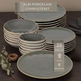 OZ Home Bricard Albi Serviesset 25-delig Porselein - 6 Personen - Groen-grijs (salie) met Beige Rand