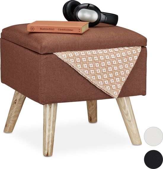 Relaxdays poef met opbergruimte - deksel - tot 120 kg - 40 x 40 x 40 cm - voetenbank - bruin