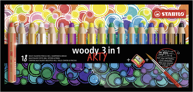 STABILO woody 3 in 1, multitalent kleurpotlood, ARTY etui 18 kleuren + puntenslijper + penseel