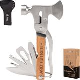 Merkloos Multitool bijl met gravure - multifunctioneel gereedschap met hamer - verjaardagscadeau opa - knutselgadget met tas - klein - 11-in-1 - multigereedschap - cadeaus voor mannen