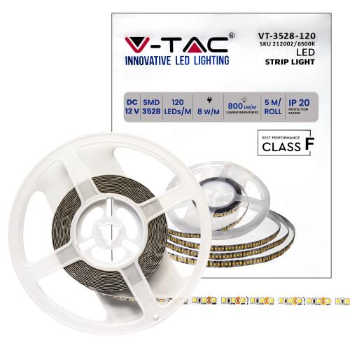 V-tac Ledstrip 5 meter 8 W per meter, SMD 3528, kleur van het licht koudwit, 6500 K voor gebruik binnenshuis met plakstrip, voeding met 12 volt.