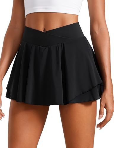 CRZ YOGA Tennis Rokken voor Vrouwen Crossover Hoge Taille Ruffle Gelaagde Workout Atletische Golf Skort Rokken met Zakken zwart M