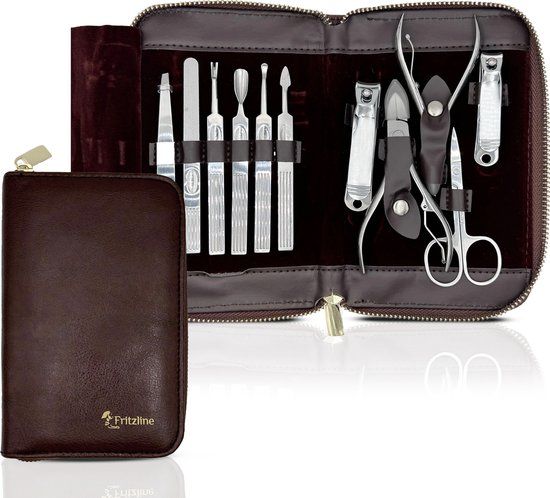 Fritzline 11-delige Manicure Set - Bruin - RVS - Leren Etui