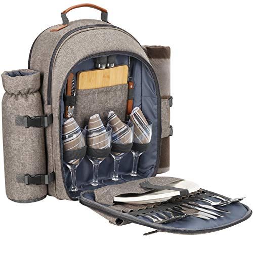 Sunflora Picknickrugzak voor 4 personen, picknickset met geïsoleerd koelvak en deken voor camping, outdoor (beige)