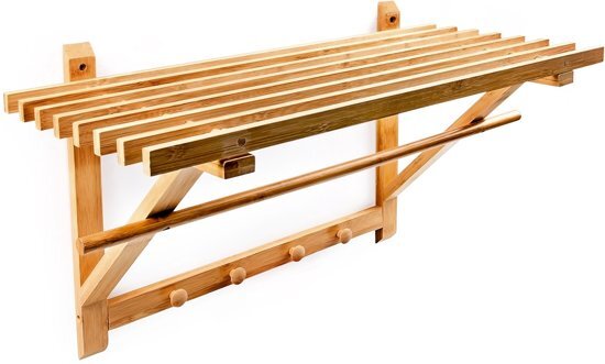 Relaxdays Wandmeubel bamboe hout badkamer / keuken - Garderobe rek - Plank 4 haken stang