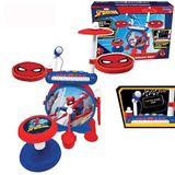 Lexibook Spider-Man Elektronische batterij voor kinderen, muziekspel, gemengd speelgoed, echt batterijgeluid, toetsenbord met 8 noten, aansluiting voor MP3, zitting inbegrepen, blauw/rood, K610SPLXB