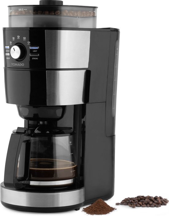 Tomado TGB1301S - Grind & Brew koffiezetapparaat - Filterkoffie - Koffiebonen - 1.25 L inhoud - Zwart/RVS zwart rvs