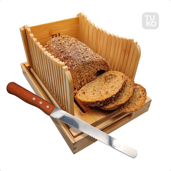 Tuko broodsnijder hulpmiddel - FSC Bamboe - Inclusief broodmes en zakken - Met opvangbak - Broodsnijmachine handmatig - Broodsnijplank - Broodsnij hulpmiddel