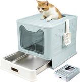 PRIORPET Terona B.V. Kattenbak RVS met Deksel – Opvouwbare Gesloten Kattenbak met Lade – Geurvrij, Lekvrij en Makkelijk Schoon te maken – Dubbele ingang/uitgang – Kattentoilet met Schep (38,3 × 51 × 41 cm) – Blauw