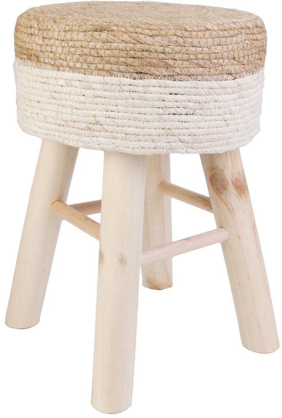 Home Deco Factory Bijzet krukje Mirage - Ibiza/boho - beige - dennenhout - 35 x 41 cm - gevlochten