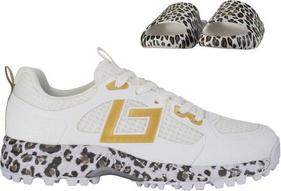 Brabo Tribute Junior Turf Hockeyschoenen White/Gold/Leopard met Slides