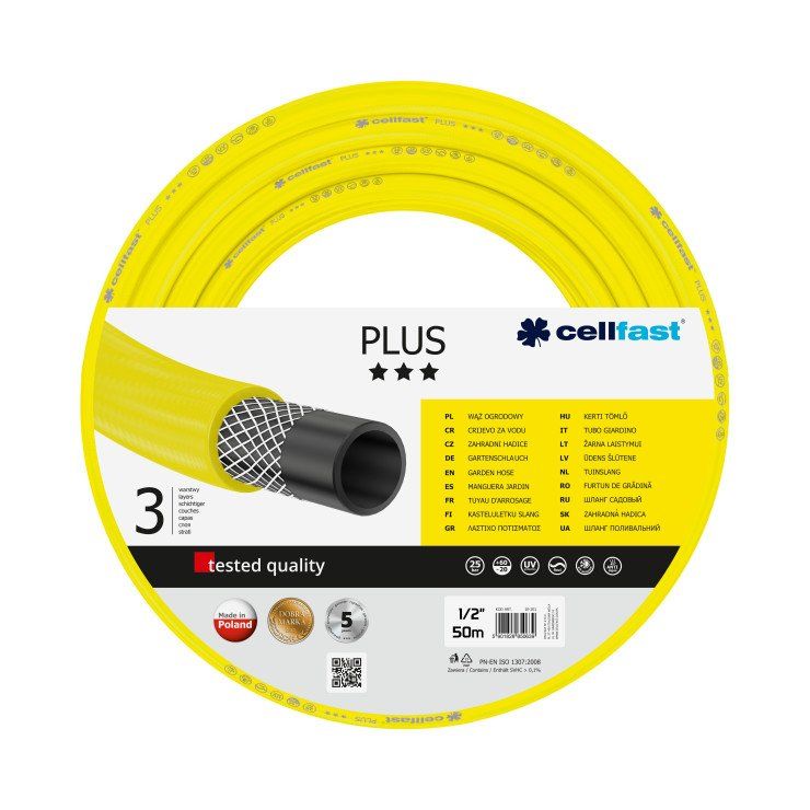 CELLFAST Plus 50m Yellow Garden Hose - 3-Layer, Flexible, 25 bar, UV & Frost Resistant