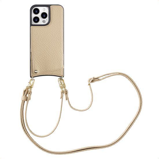 Selencia Hoesje - Geschikt voor Apple iPhone 15 Pro Max - Backcover met koord en pashouder - Beige