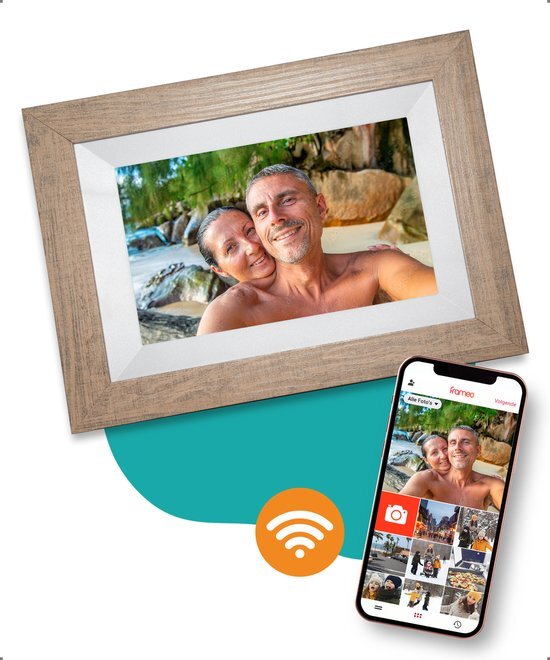Pora&co Digitale fotolijst met WiFi en Frameo App – Fotokader - 8 inch - Pora – HD+ -IPS Display – Licht Bruin/Wit - Micro SD - Touchscreen