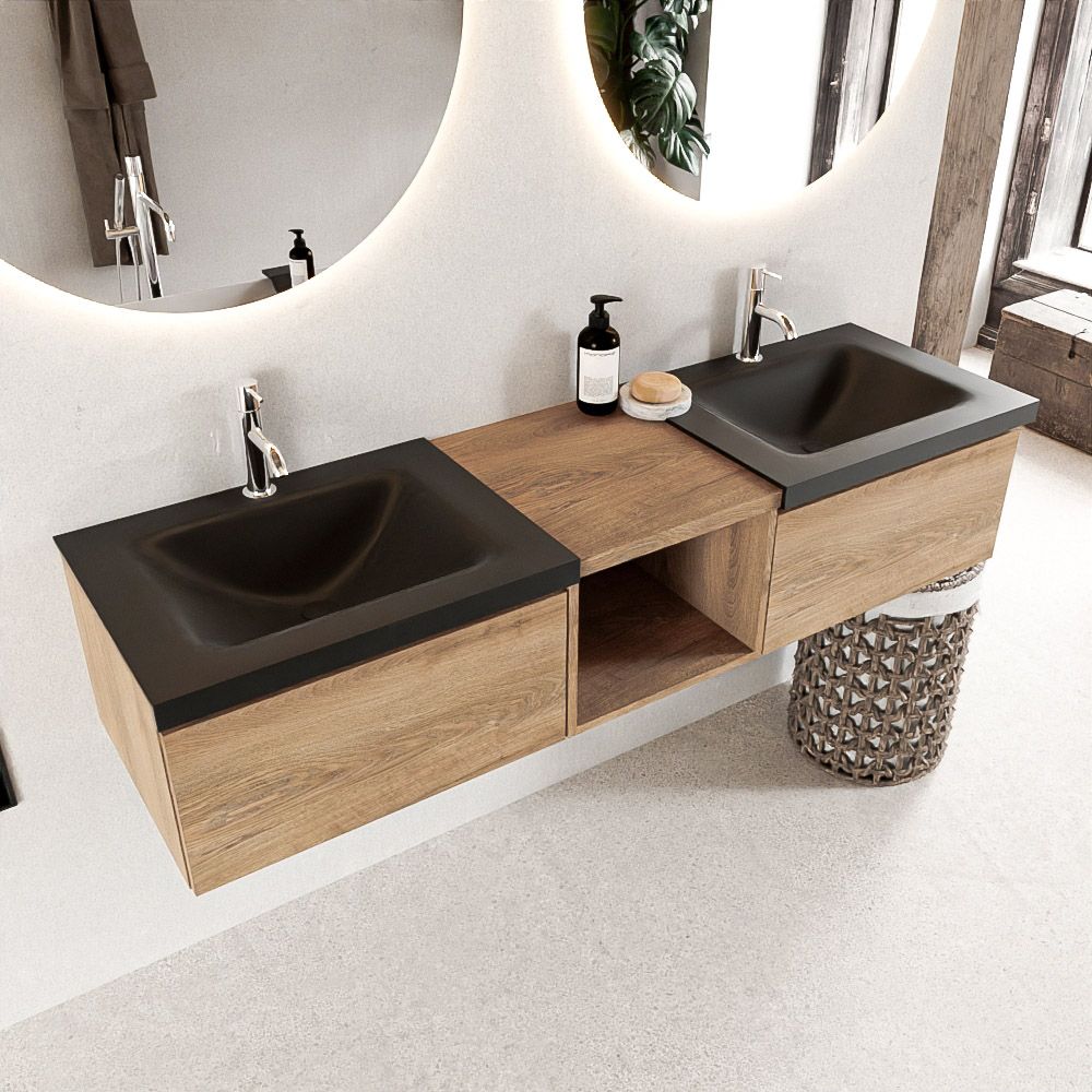 Mondiaz Bukla badmeubel 160cm Washed Oak en Urban - 2 lades en 2 kraangaten
