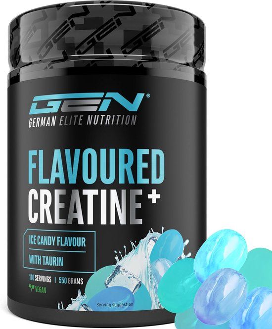 German Elite Nutrition Creatine Poeder - 550g - Creatine Monohydraat + L-Taurine - Gemicroniseerde Creatine met Aroma - Geen Suiker & Top Oplosbaarheid - Veganistisch (Ice Candy)