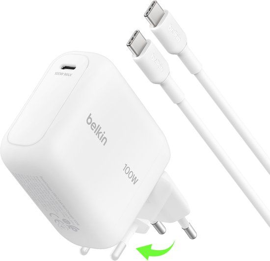 Belkin BoostCharge USB-C GaN Wandlader 100 W met 1,5 m USB-C-kabel – Wit