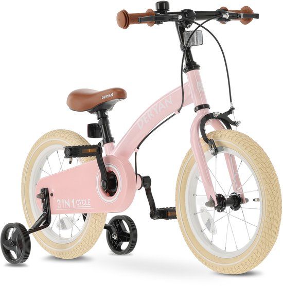 Deryan Luxe Kinderfiets 14 inch - 3 in 1 - loopfiets - Roze