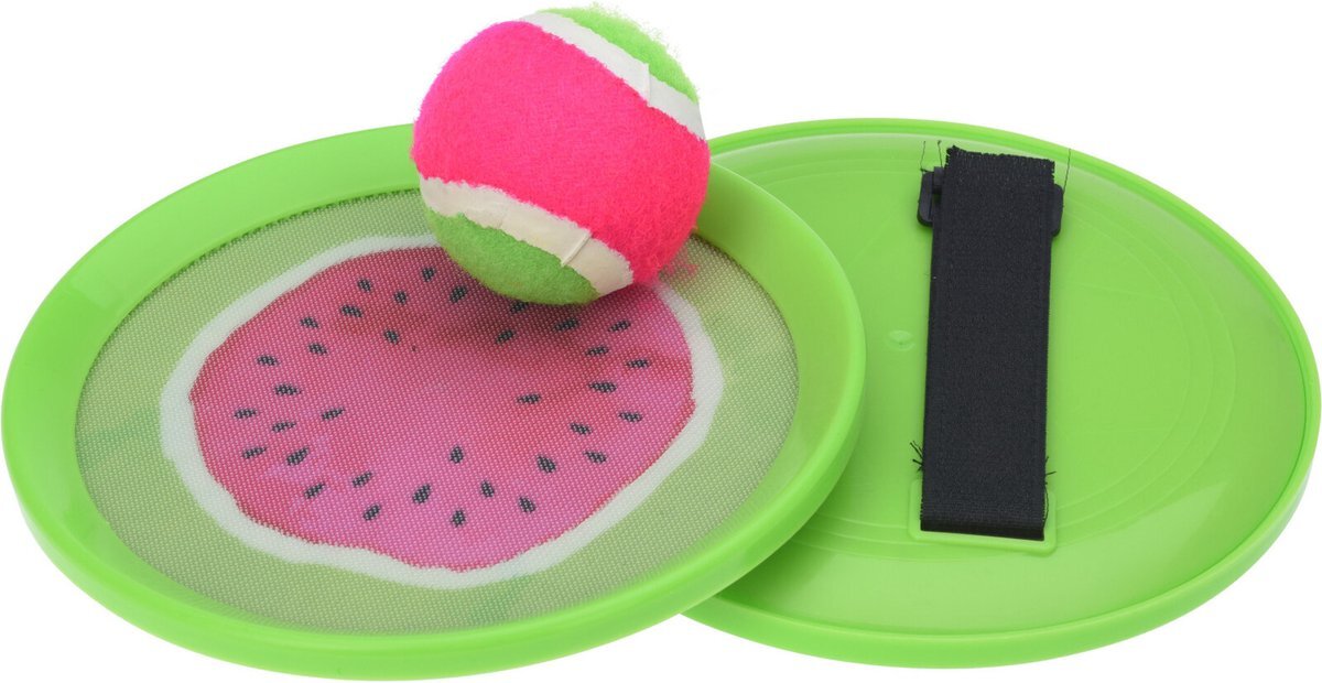 Excellent houseware Strand vangbal spel met klittenband meloen groen/roze 18.5 cm - Strand en camping sport speelgoed