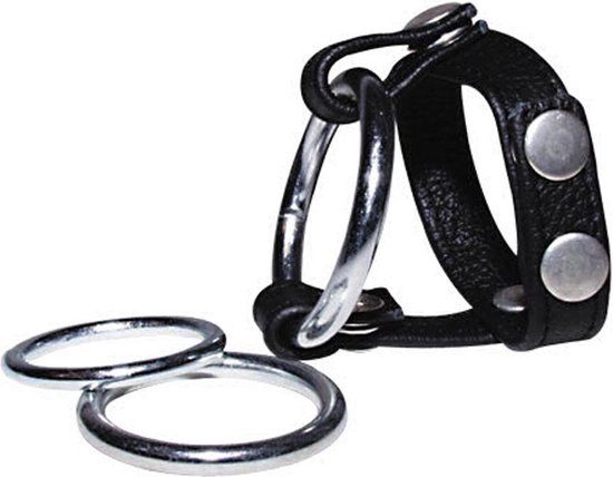 Sextreme - Lederen Balzak Riem met 3 Penis Ringen - Zwart