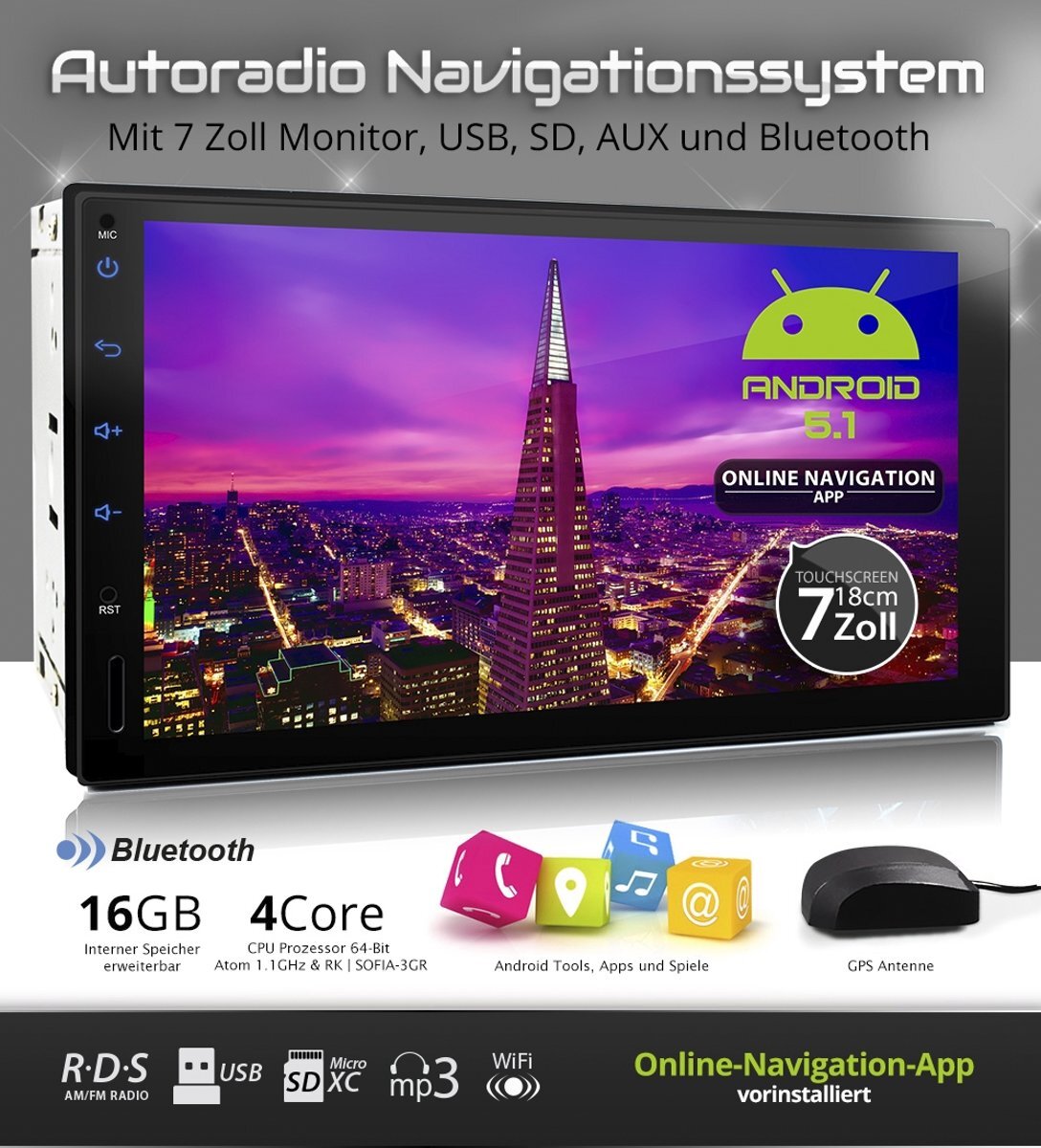 XOMAX 2DIN Android 5.1 multimedia navigatie systeem met 7 inch scherm