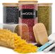Unyqoos® Set de 4 pots de conservation rectangulaires, 1500 ml, en verre borosilicaté, avec couvercles en bambou dotés d'un anneau en silicone, empilables, incluant étiquettes, marqueur et brosse