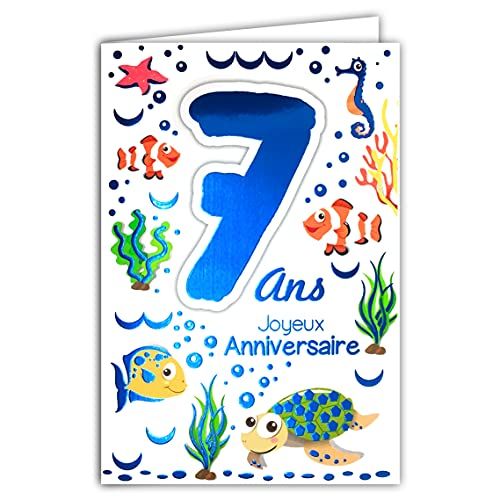 Wenskaart verjaardag 7 jaar kinderen jongens meisjes - zee vis schildpad zeepaardje