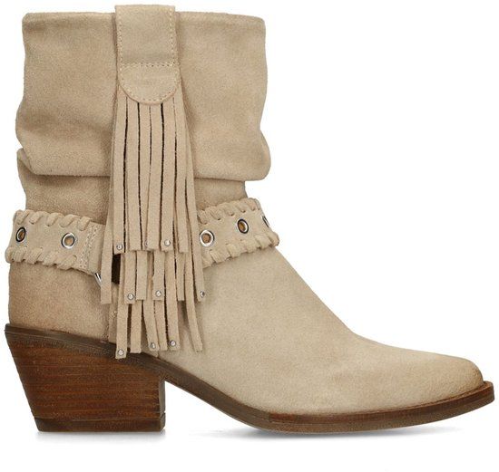 Manfield Dames Beige Suède Enkellaarsjes met Franjes - Maat 40
