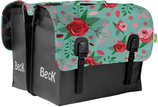BECK Classic Flowers Dubbele Fietstas - Zwart - 46 Liter - Achter - 35x16x40 cm