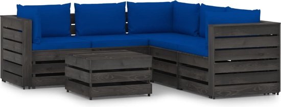 The Living Store Pallet Loungeset Grenenhout - Blauw Kussen - Modulair Design