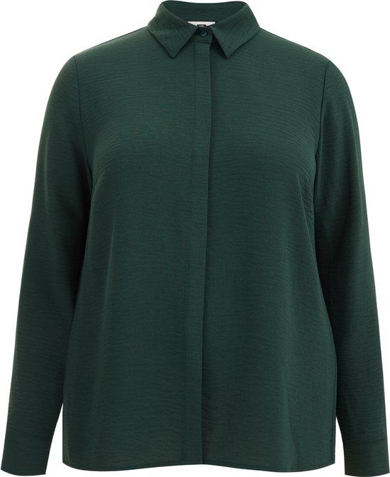 WE Fashion Dames blouse - Curve - Regular Fit - Lange Mouw - Klassieke Kraag - Effen - Knopen - Polyester - Dark Green - Maat 50