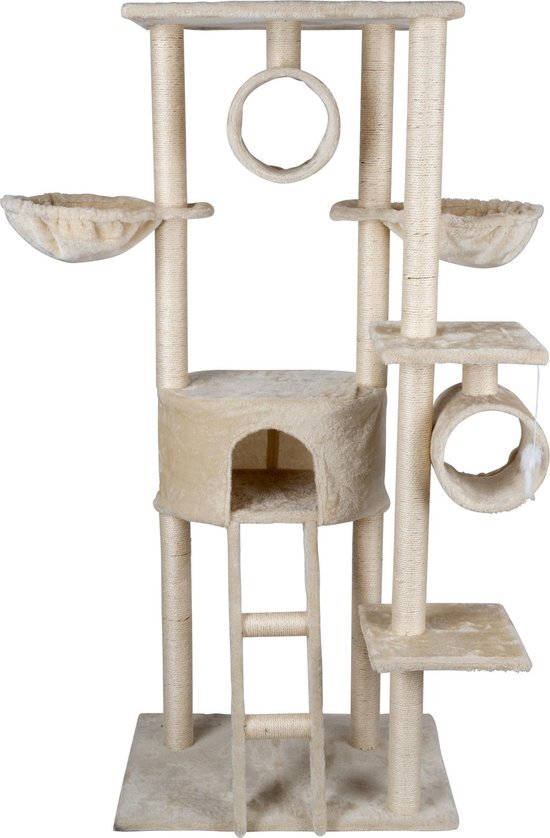 PETCOMFORT Pet Comfort Kattenkrabpaal - Kattentoren - Krabpaal - Pluche en Sisal - Tunnels, 2 Hangmatten, Plateaus, Laddertje, Huisje - met veel Extra's beige