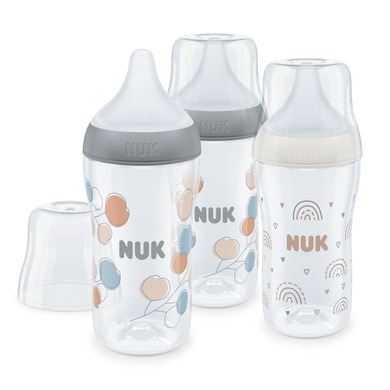 NUK NUK Perfect Match set van 3 flessen met temperatuur Control 260 ml vanaf 3 maanden in wit en grijs