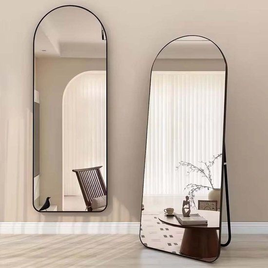 Merkloos Passpiegel - 50 x 160cm Zwart - Arch Spiegel - Gebogen - Aluminium Frame HD Mirror - Staande Spiegel - Afgeronde Rand - Ovale Randen - Vrijstaande - Halfrond - Hangspiegel Met Haken - Kleedkamer Spiegel - Wandspiegel - Veiligheidsglas