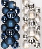 Decoris Kaemingk B.V. 32x Kunststof Kerstballen Mix Donkerblauw/Zilver 4 cm