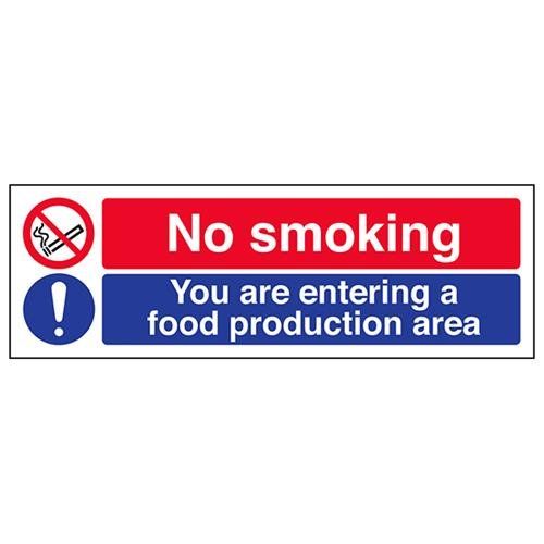 VSafety No Smoking/Food Production Area Sign - 300mm x 100mm - Rigid Plastic
